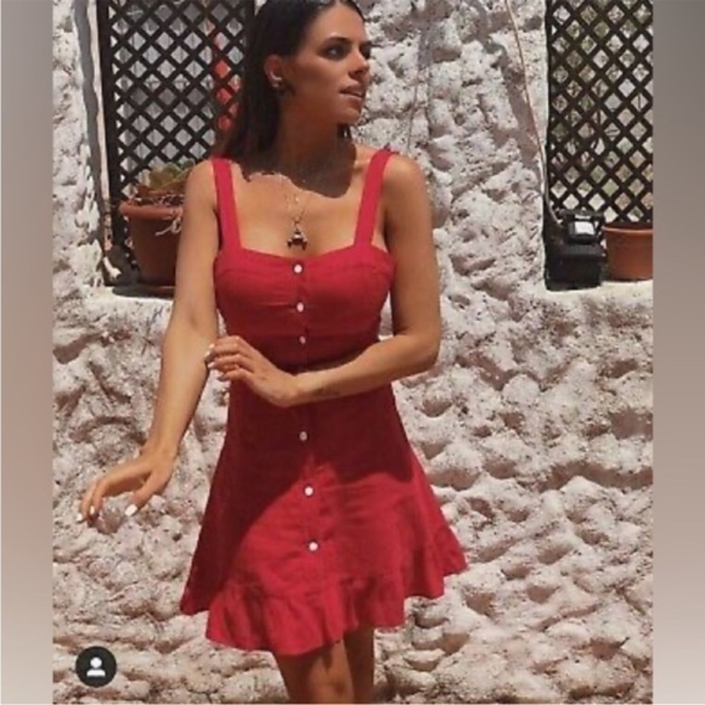 Zara Cherry Red Button Front Linen Blend Ruffle Hem Mini Dress